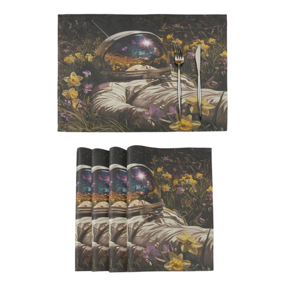 Qxltty Astronauts in The Sea Of Flowers Placemats Set of 4 Heat Resistant Non-Slip Place mat for Dining Table Washable Durable Polyester Woven Table Decorations