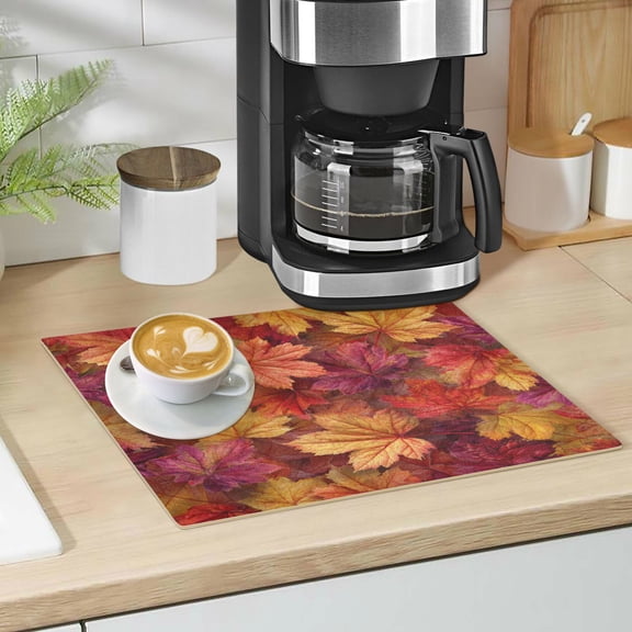 Qxltty Autumn Maple Leaves Leather Drying Mat for Kitchen Countertops Coffee Mats Hide Stain Quickly Absorbs Water Tableware Decor