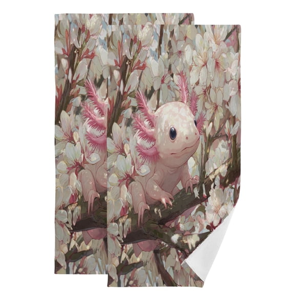 Qxltty Axolotl Cherry Blossom Face Towel Set of 2 Polyester Cotton Soft Bath Towels for Bathroom Kitchen Hotel Spa 28.3x14.4in