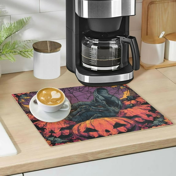 Qxltty Bat Pumpkin Leather Drying Mat for Kitchen Countertops Coffee Mats Hide Stain Quickly Absorbs Water Tableware Decor
