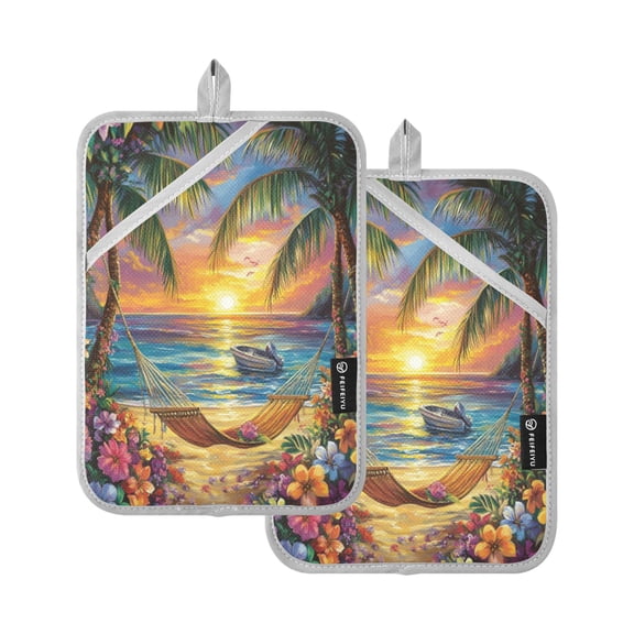 Qxltty Beach Hammock Oven Mitts 2-Pack Heat Resistant Quilted Oven Gloves with Hanging Loop for Microwave BBQ & Kitchen Use