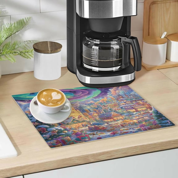 Qxltty Beautiful Christmas Scene Leather Drying Mat for Kitchen Countertops Coffee Mats Hide Stain Quickly Absorbs Water Tableware Decor