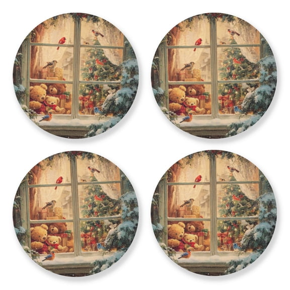 Qxltty Beautiful Christmas Window Wooden Coasters Set of 4 Fun and Practical Perfectly Non-Slip Warm Home Accent