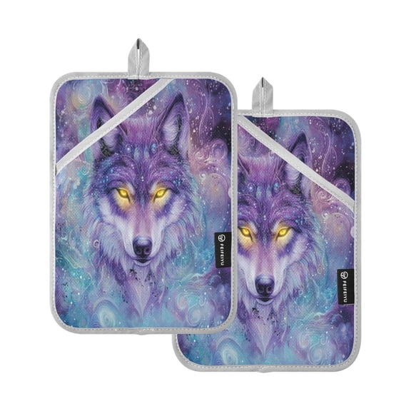 Qxltty Beautiful Fantasy Wolf Oven Mitts 2-Pack Heat Resistant Quilted Oven Gloves with Hanging Loop for Microwave BBQ & Kitchen Use