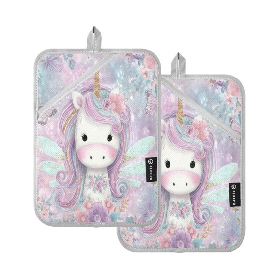Qxltty Beautiful Unicorn Oven Mitts 2-Pack Heat Resistant Quilted Oven Gloves with Hanging Loop for Microwave BBQ & Kitchen Use