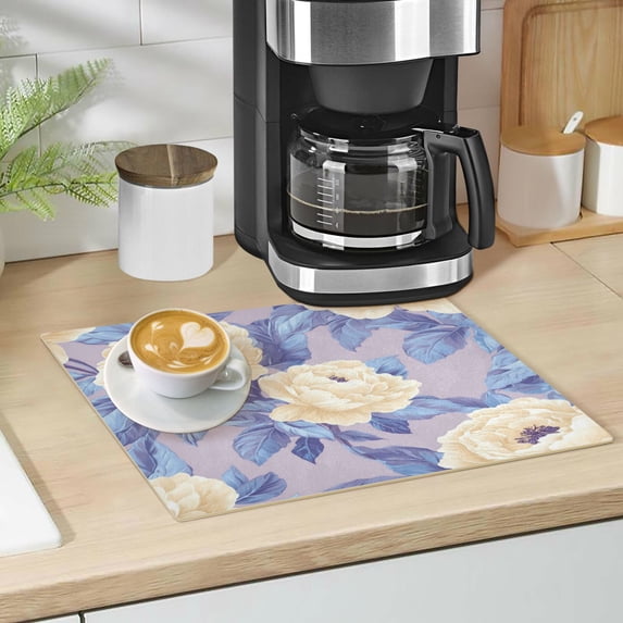 Qxltty Beige Peony Leather Drying Mat for Kitchen Countertops Coffee Mats Hide Stain Quickly Absorbs Water Tableware Decor