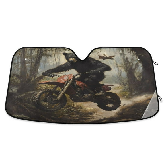 Qxltty Black Bear Riding A Motocross Bike Car Windshield Sunshades Foldable UV Rays Sun Visor Protector Keep Your Vehicle Cool 55×27.6in