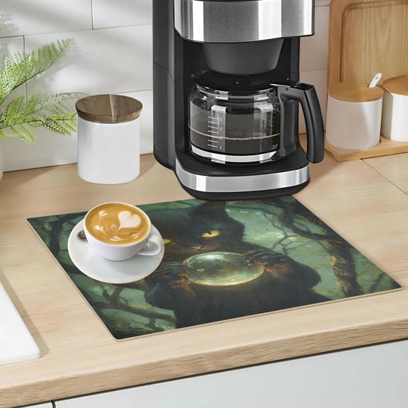 Qxltty Black Cat Magic Ball Leather Drying Mat for Kitchen Countertops Coffee Mats Hide Stain Quickly Absorbs Water Tableware Decor