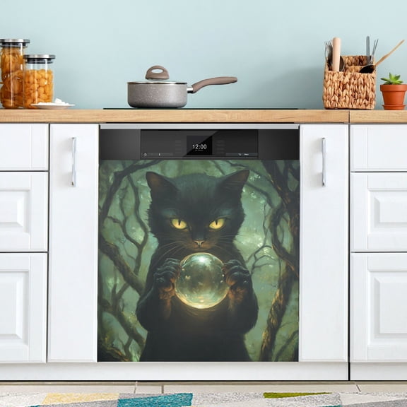 Qxltty Black Cat Magic Ball Magnetic Dishwasher Sticker Refrigerator Cover Washing Machine Panel Kitchen Appliance Decoration 2326in