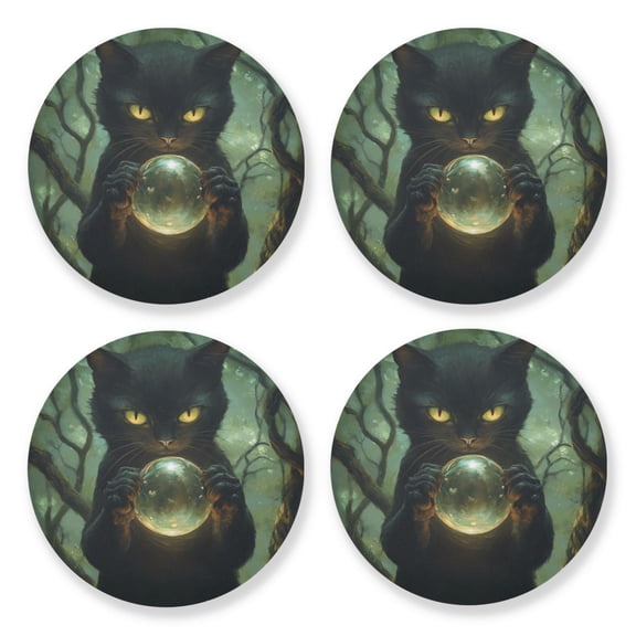 Qxltty Black Cat Magic Ball Wooden Coasters Set of 4 Fun and Practical Perfectly Non-Slip Warm Home Accent