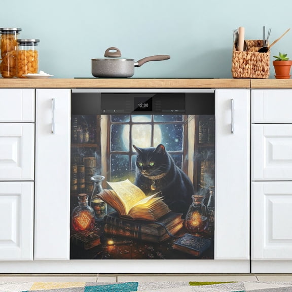 Qxltty Black Cat Magic Room Magnetic Dishwasher Sticker Refrigerator Cover Washing Machine Panel Kitchen Appliance Decoration 2326in