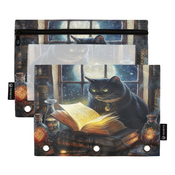 Qxltty Black Cat Magic Room Pencil Pouches for 3 Ring Binder Clear Window Zipper Pencil Case for Office College Supplies