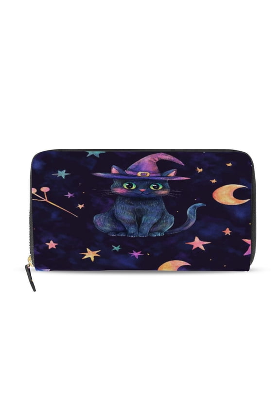 Black Cat in Witch Hat Women's Leather Wallet Fashion Retro Multi Card Holder with Cell Phone Pocket Mothers Day Gifts