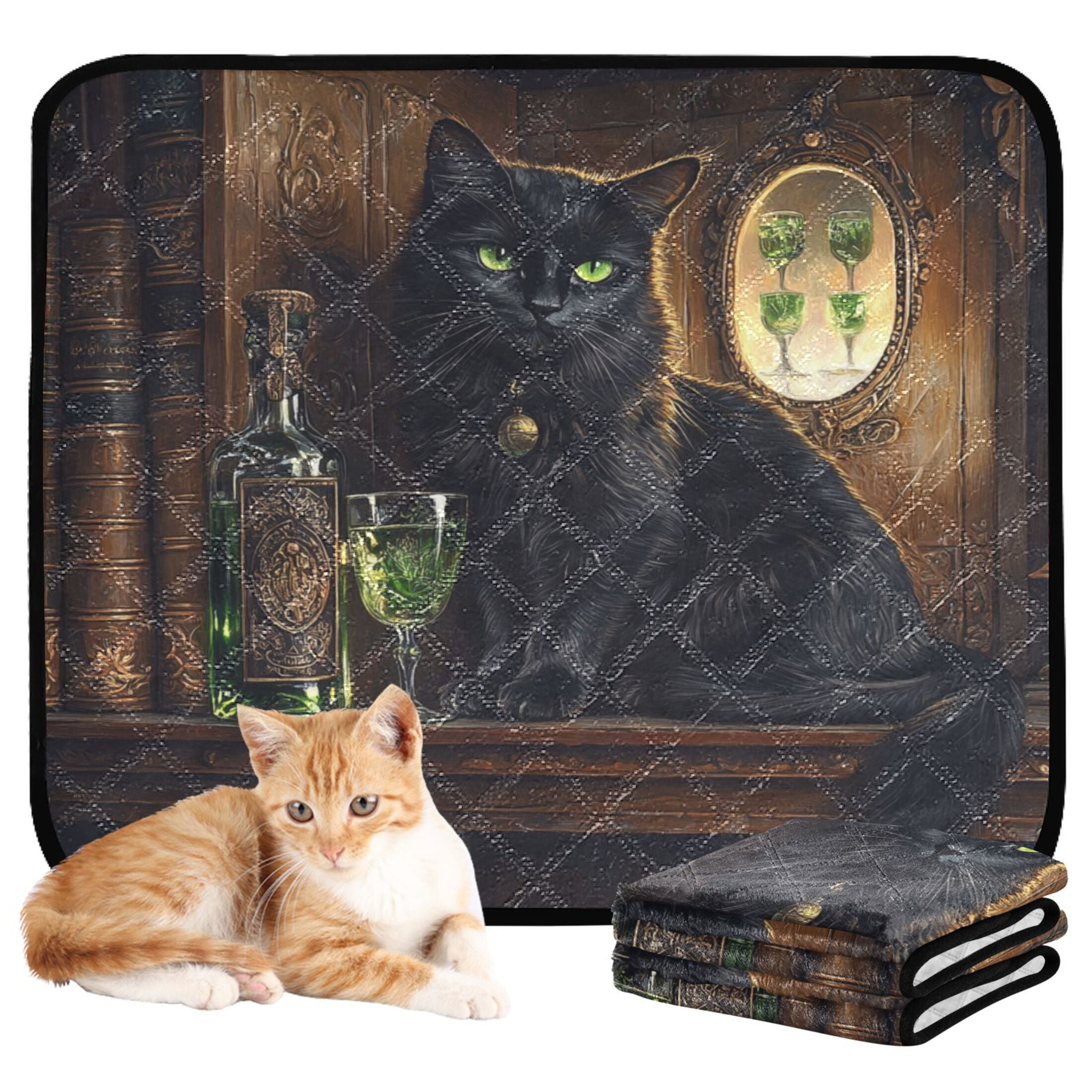 Qxltty Black Cat with Absinthe Cat litter Pads Pet Set of 3 Diaper Mats Center Anti-leakage Layer Absorbent Soft and Comfortable