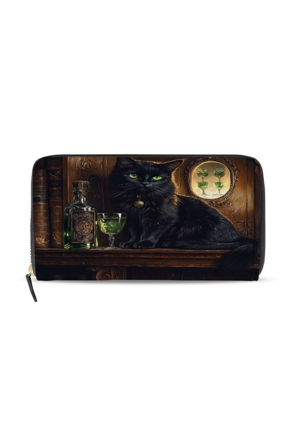 Black Cat with Absinthe Women's Leather Wallet Fashion Retro Multi Card Holder with Cell Phone Pocket Mothers Day Gifts