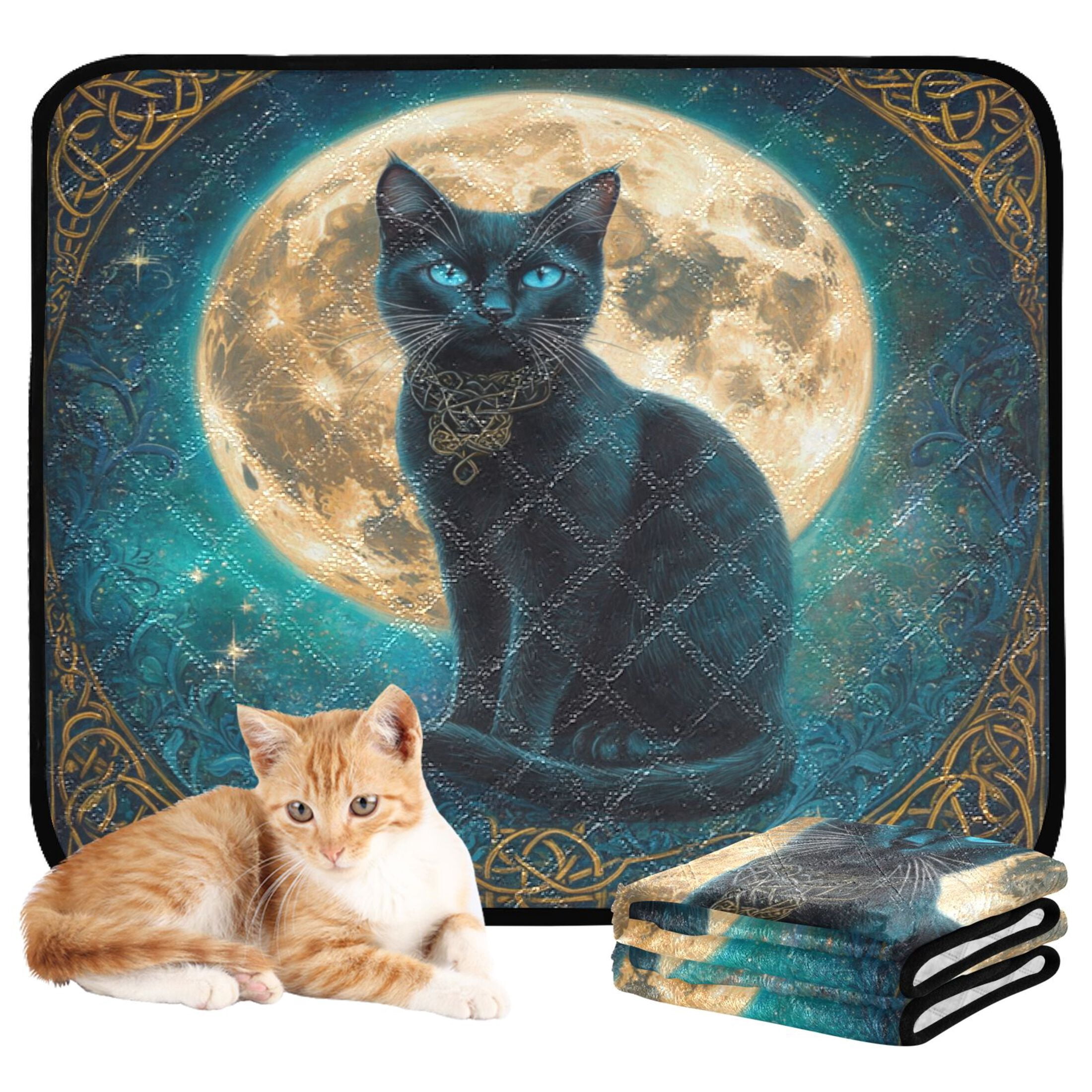 Qxltty Black Cat with Full Moon Cat litter Pads Pet Set of 3 Diaper Mats Center Anti-leakage Layer Absorbent Soft and Comfortable
