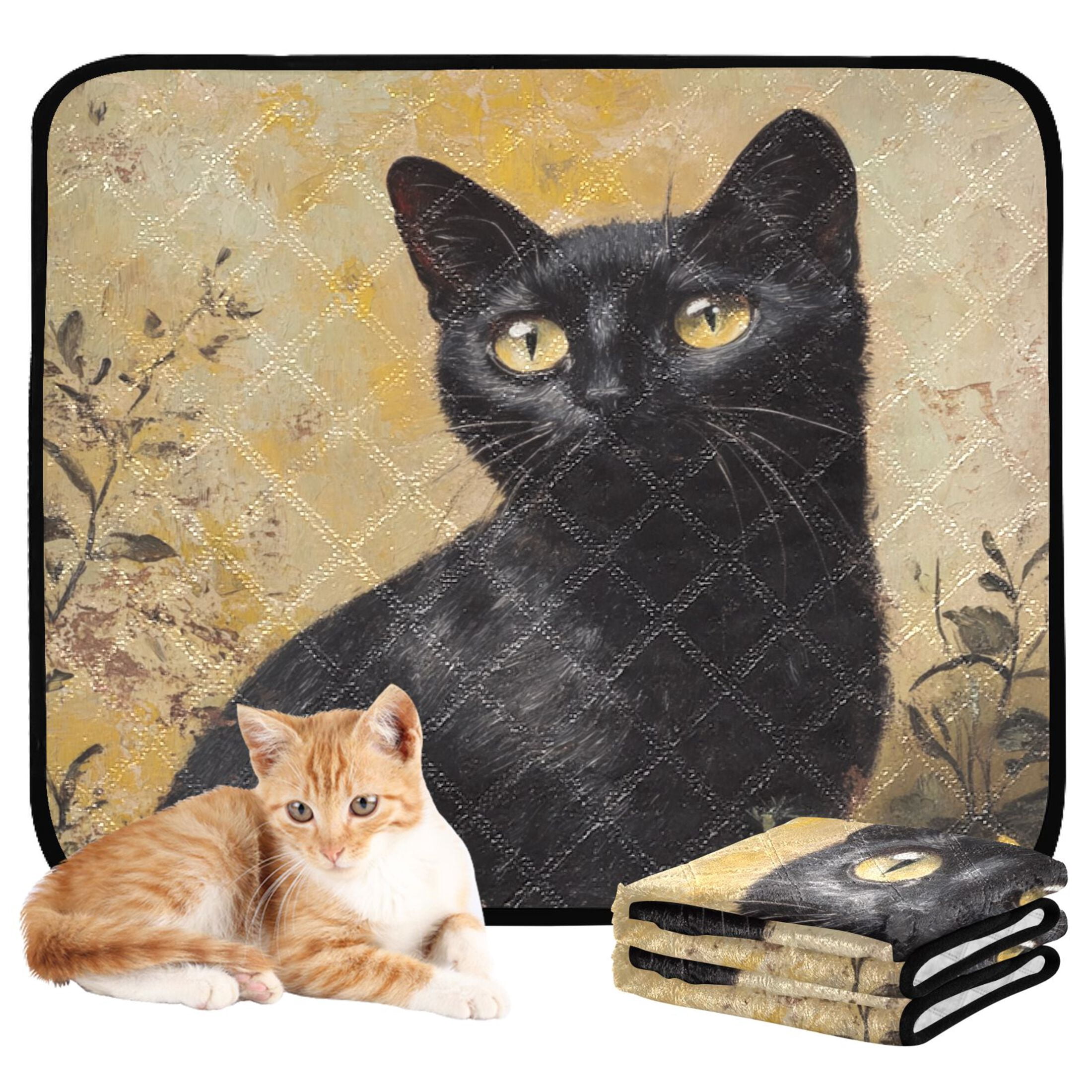 Qxltty Black Cat with Oil Painting Style Cat litter Pads Pet Set of 3 Diaper Mats Center Anti-leakage Layer Absorbent Soft and Comfortable