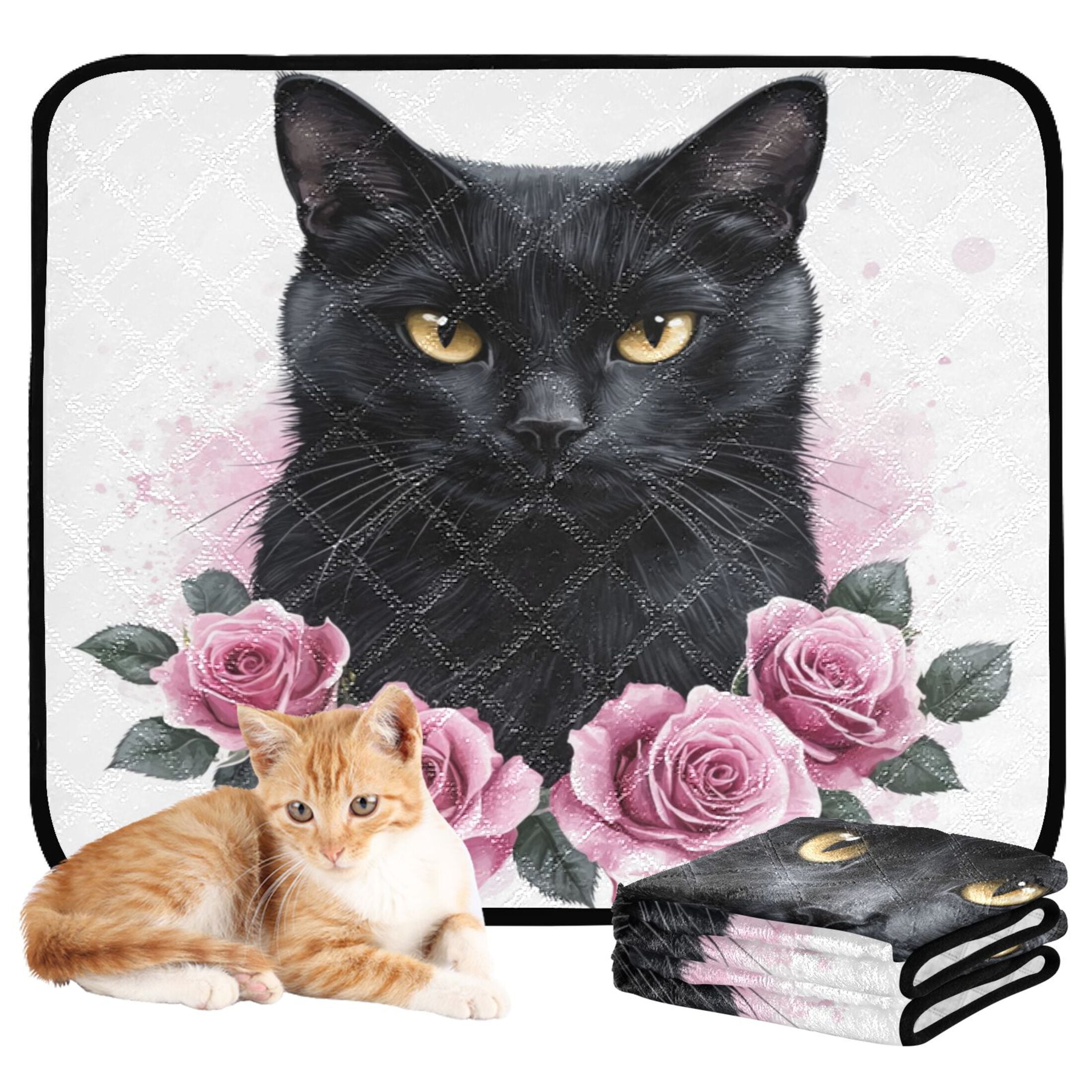 Qxltty Black Cat with Pink Roses Cat litter Pads Pet Set of 3 Diaper Mats Center Anti-leakage Layer Absorbent Soft and Comfortable