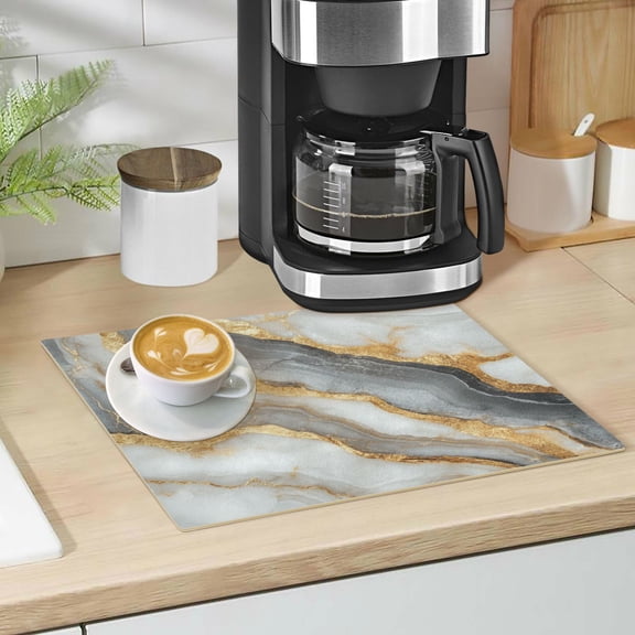 Qxltty Black Gold Marble Pattern Leather Drying Mat for Kitchen Countertops Coffee Mats Hide Stain Quickly Absorbs Water Tableware Decor