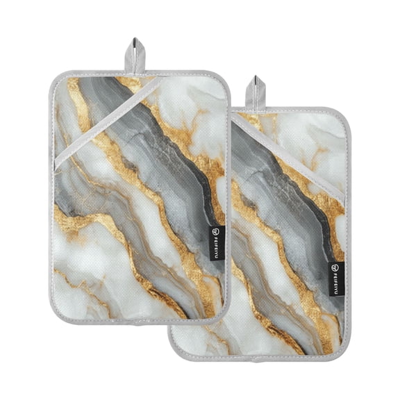 Qxltty Black Gold Marble Pattern Oven Mitts 2-Pack Heat Resistant Quilted Oven Gloves with Hanging Loop for Microwave BBQ & Kitchen Use