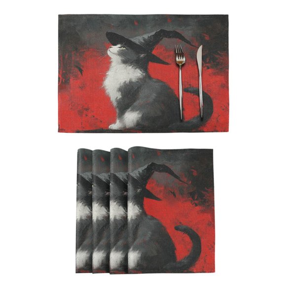 Qxltty Black Hat Cow Cat Placemats Set of 4 Heat Resistant Non-Slip Place mat for Dining Table Washable Durable Polyester Woven Table Decorations