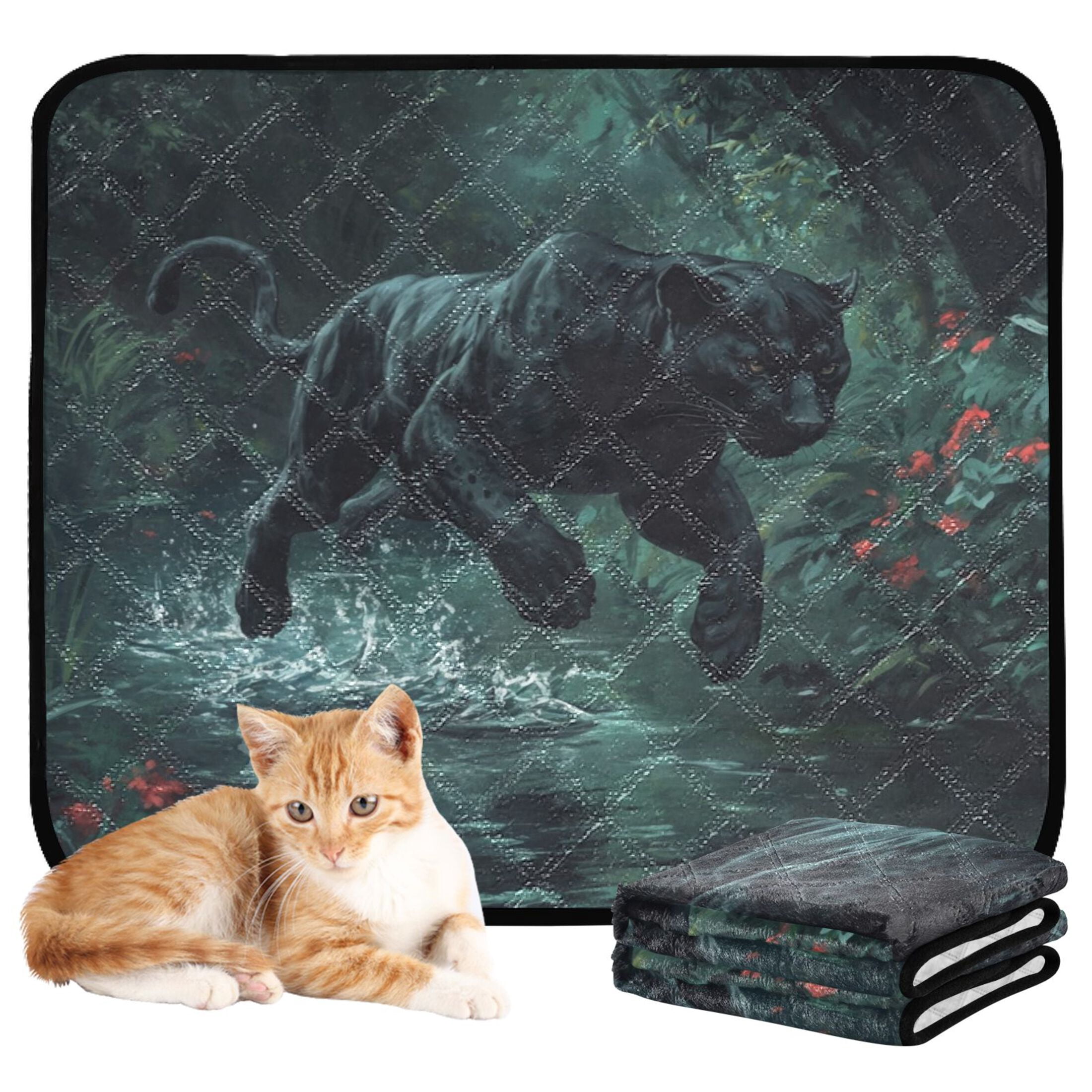 Qxltty Black Panther Leaping over Water Cat litter Pads Pet Set of 3 Diaper Mats Center Anti-leakage Layer Absorbent Soft and Comfortable