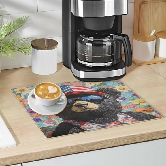 Qxltty Black Teddy Bear Leather Drying Mat for Kitchen Countertops Coffee Mats Hide Stain Quickly Absorbs Water Tableware Decor
