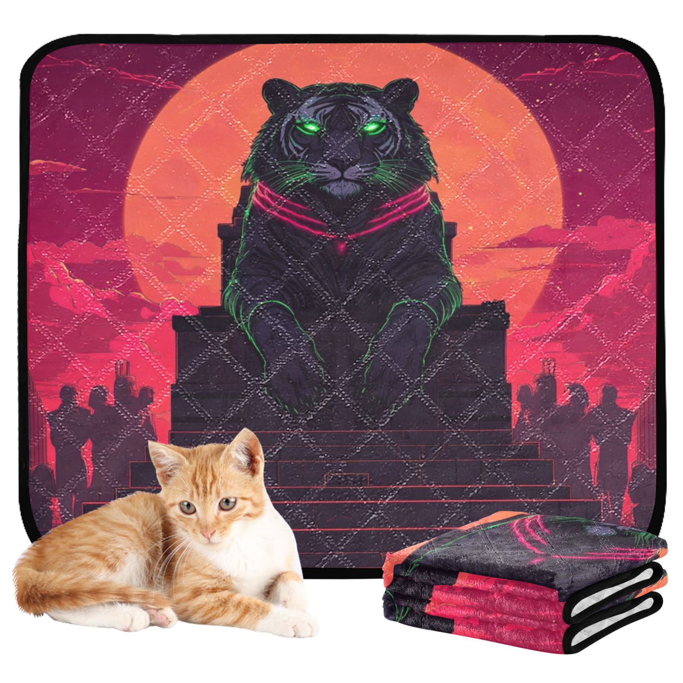 Qxltty Black Tiger with Glowing Green Eyes Cat litter Pads Pet Set of 3 Diaper Mats Center Anti-leakage Layer Absorbent Soft and Comfortable