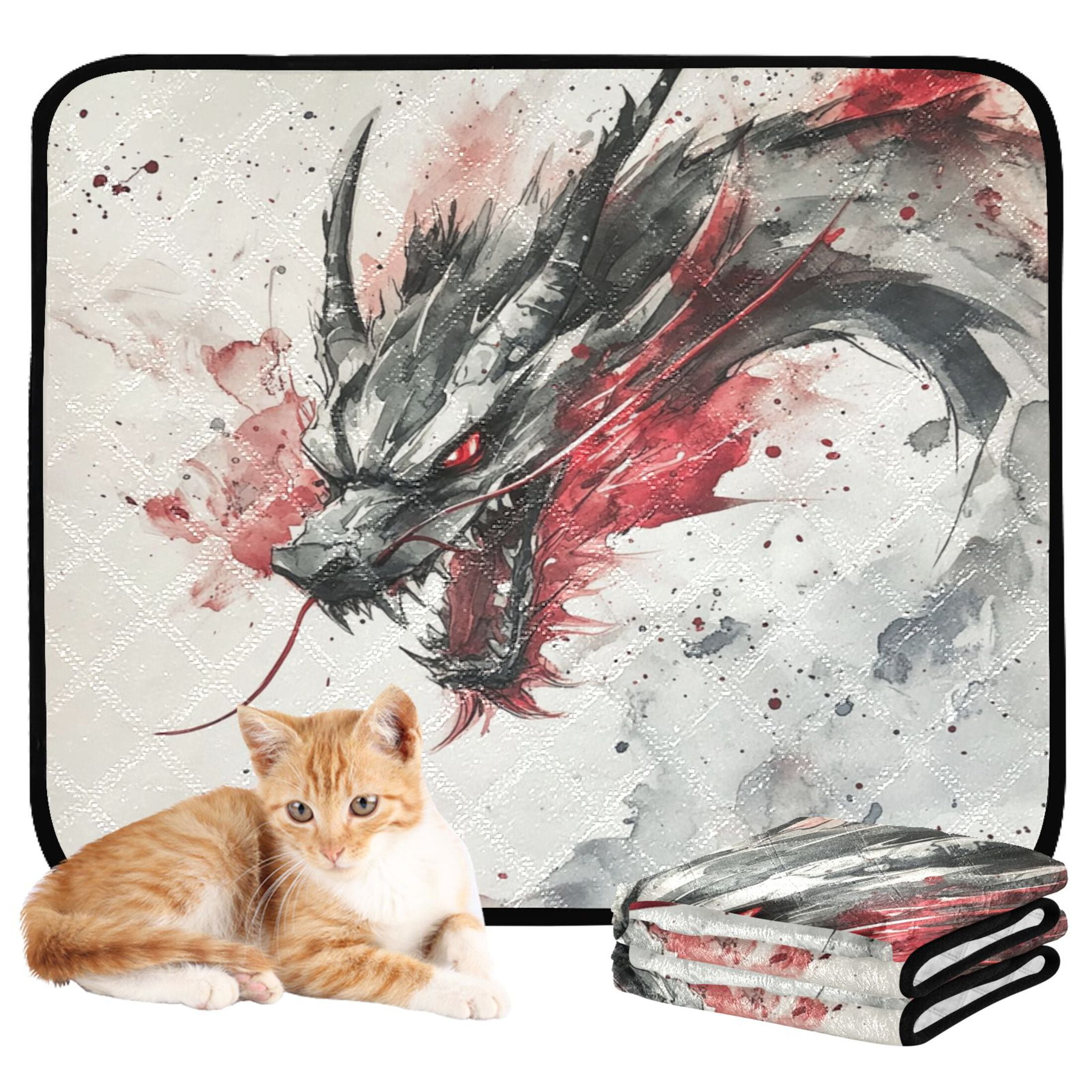 Qxltty Black and Red Dragon Cat litter Pads Pet Set of 3 Diaper Mats Center Anti-leakage Layer Absorbent Soft and Comfortable