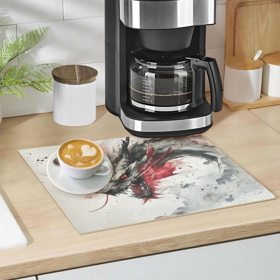 Qxltty Black and Red Dragon Leather Drying Mat for Kitchen Countertops Coffee Mats Hide Stain Quickly Absorbs Water Tableware Decor