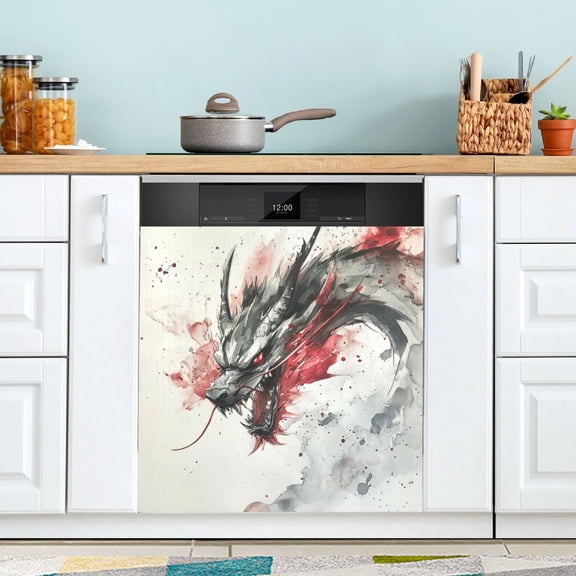 Qxltty Black and Red Dragon Magnetic Dishwasher Sticker Refrigerator Cover Washing Machine Panel Kitchen Appliance Decoration 2326in