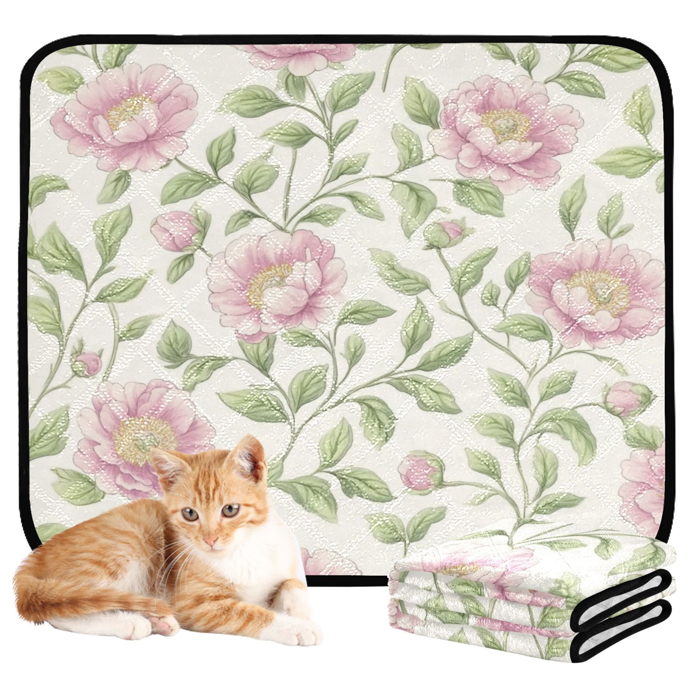 Qxltty Blooming Pink Peonies Cat litter Pads Pet Set of 3 Diaper Mats Center Anti-leakage Layer Absorbent Soft and Comfortable