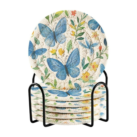 Qxltty Blue Butterfly Drink Coasters with Holder 6pcs Handmade Woven Simple Vintage Saucer Set