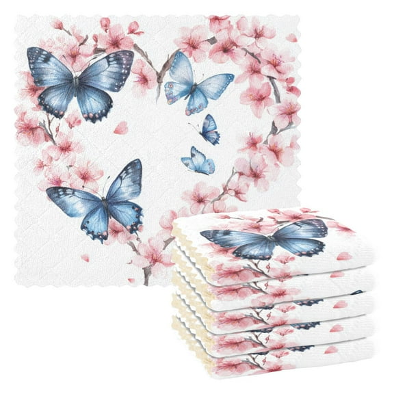 Qxltty Blue Butterfly Pink Floral Kitchen Towels Set of 6 Ultra Soft Absorbent Quick Drying Dish Cloths 11 x 11in