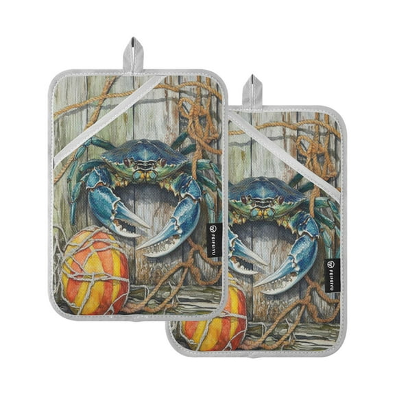 Qxltty Blue Crab Oven Mitts 2-Pack Heat Resistant Quilted Oven Gloves with Hanging Loop for Microwave BBQ & Kitchen Use