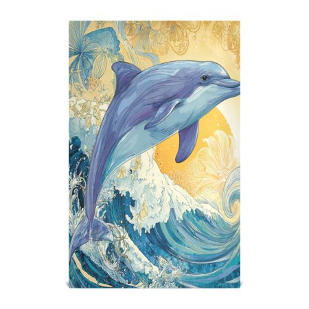 Qxltty Blue Dolphin Kitchen Towels 28 x 18 Inch Soft Cotton Linen Feel Dish Towels with Hanging Loop for Drying, Cleaning & Decor