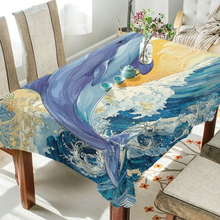 Qxltty Blue Dolphin Square Tablecloth 54×54in Thick Wrinkle Resistant Heat Proof Durable Table Cover for Dining Table