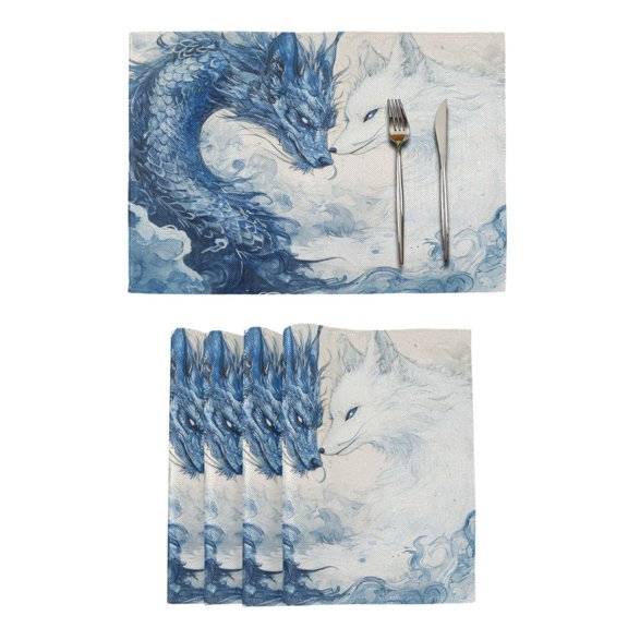 Qxltty Blue Dragon and White Fox Placemats Set of 4 Heat Resistant Non-Slip Place mat for Dining Table Washable Durable Polyester Woven Table Decorations