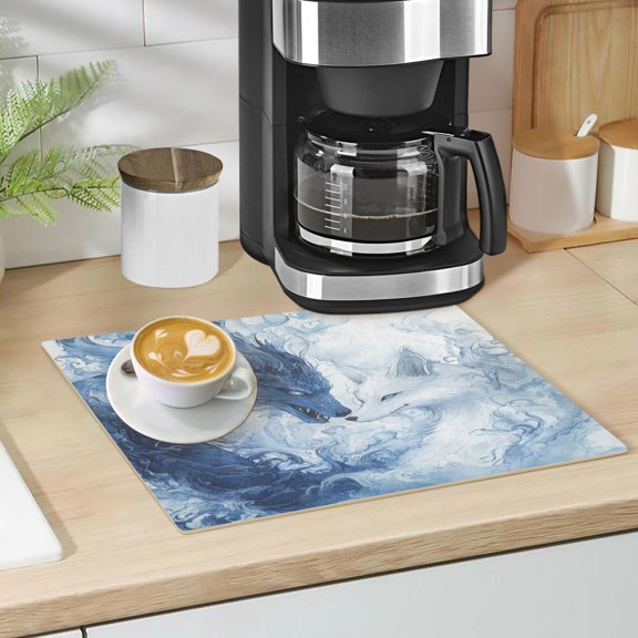 Qxltty Blue Dragon and Fox Leather Drying Mat for Kitchen Countertops Coffee Mats Hide Stain Quickly Absorbs Water Tableware Decor
