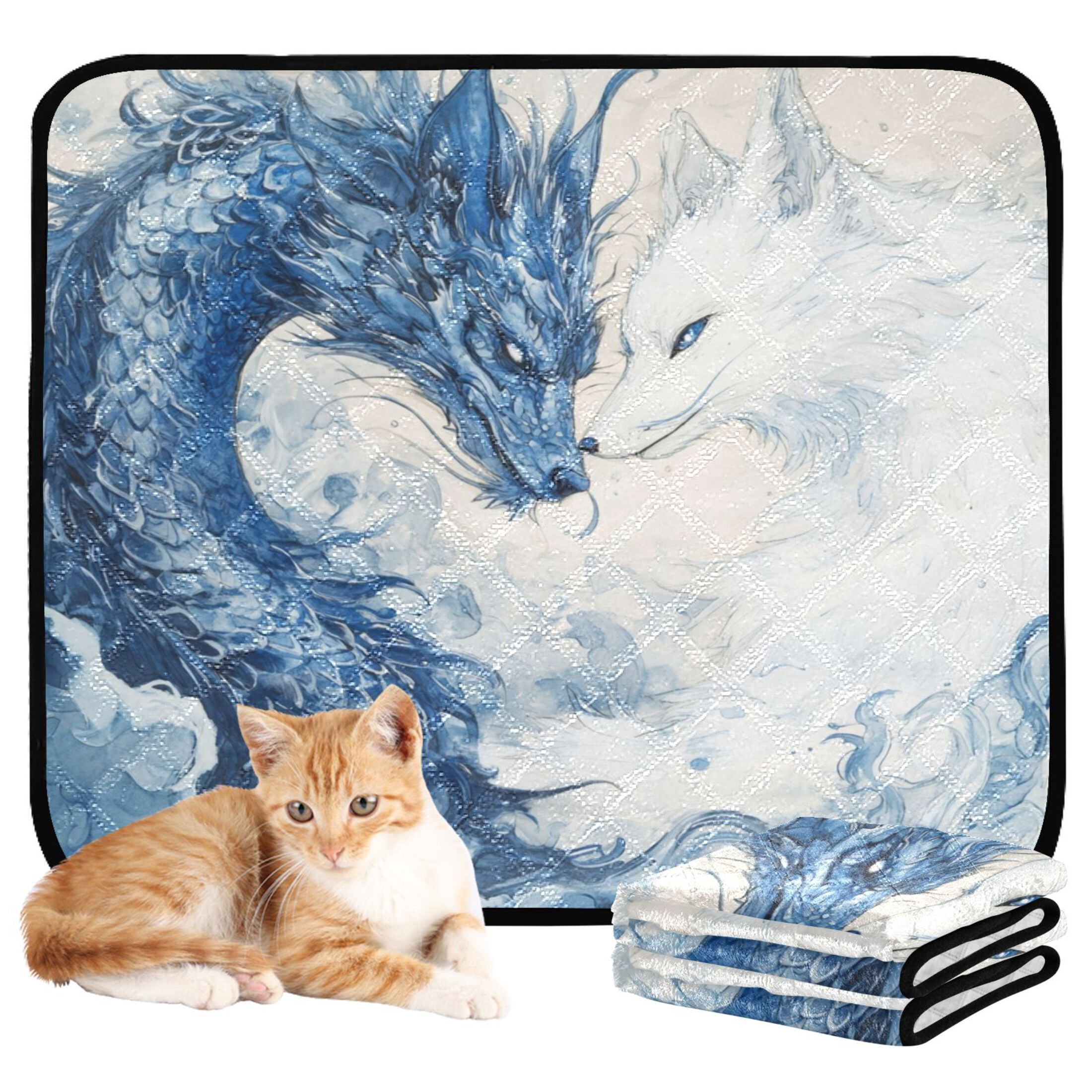 Qxltty Blue Dragon and White Fox Cat litter Pads Pet Set of 3 Diaper Mats Center Anti-leakage Layer Absorbent Soft and Comfortable