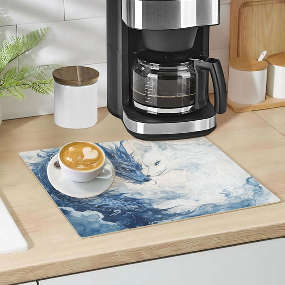 Qxltty Blue Dragon and White Fox Leather Drying Mat for Kitchen Countertops Coffee Mats Hide Stain Quickly Absorbs Water Tableware Decor