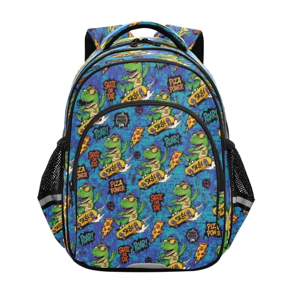 Qxltty Blue Graffiti Skate Dinosaur Backpack Lightweight Multi Pocket Daypack Reflective Bookbag with Adjustable Straps