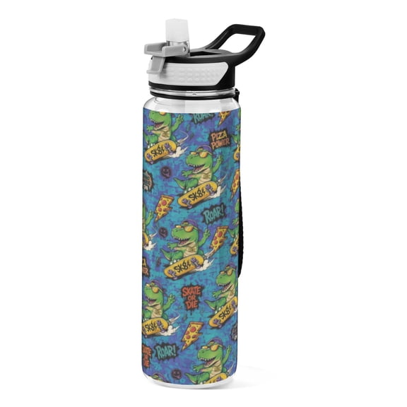 Qxltty Blue Graffiti Skate Dinosaur Water Bottle 32 oz with Straw BPA Free Reusable Fitness Sport Bottle Perfect for Travel School Outdoors and Gym
