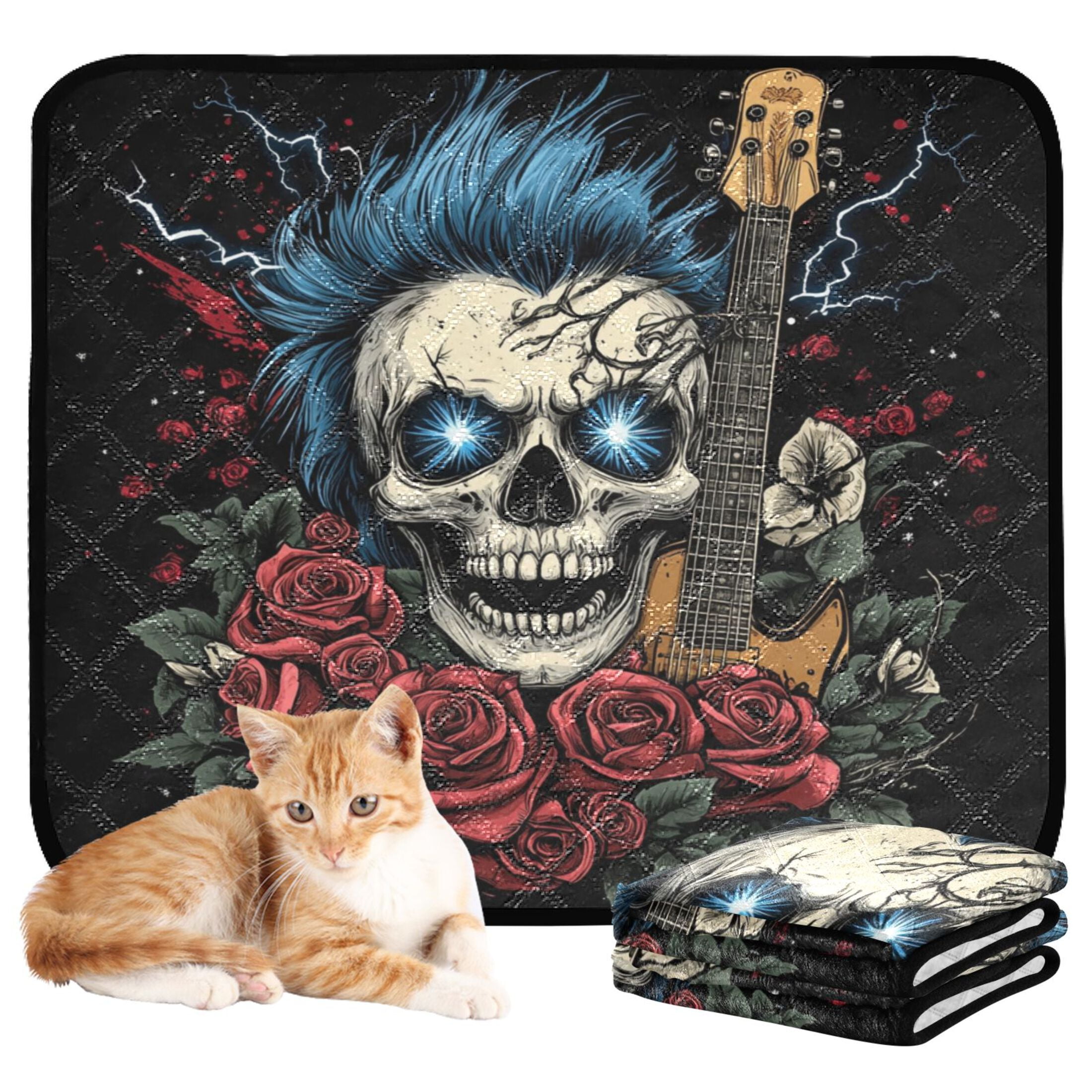 Qxltty Blue Hair Skull Guitar Pattern Cat litter Pads Pet Set of 3 Diaper Mats Center Anti-leakage Layer Absorbent Soft and Comfortable
