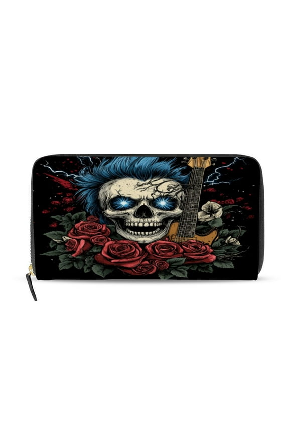 Blue Hair Skull Guitar Pattern Women's Leather Wallet Fashion Retro Multi Card Holder with Cell Phone Pocket Mothers Day Gifts