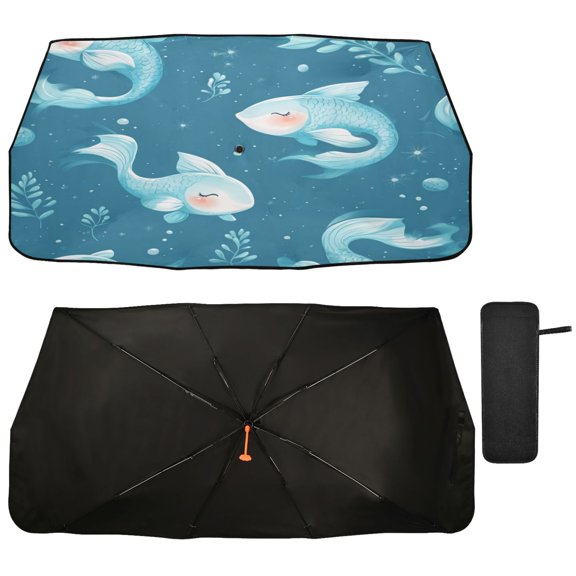 Qxltty Blue Pattern Of Fish and Water Plants Car Windshield Sunshade Umbrella Quality Black Rubberized Fabric Can Effectively Block UV Rays Heat