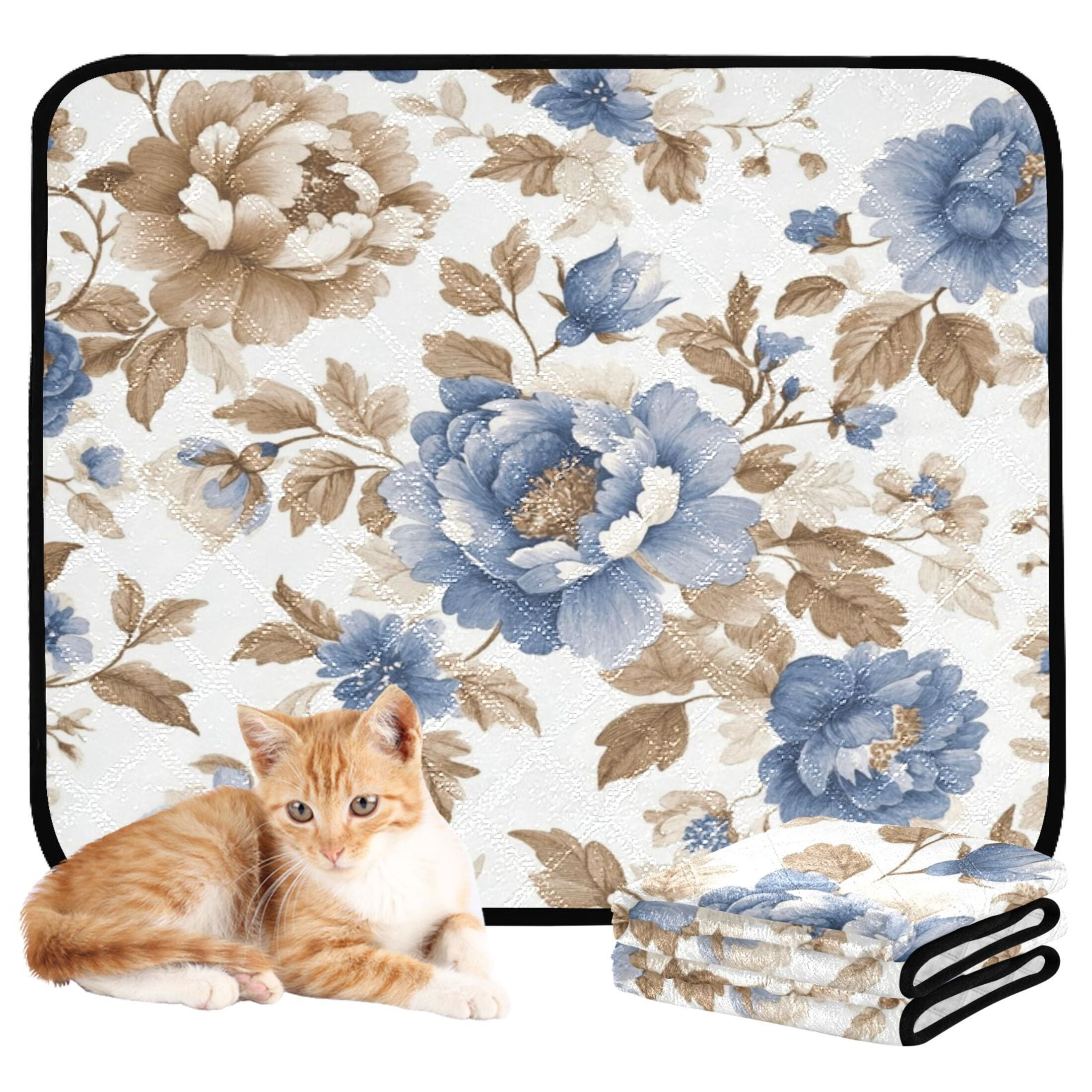 Qxltty Blue Peonies Dead Leaves Cat litter Pads Pet Set of 3 Diaper Mats Center Anti-leakage Layer Absorbent Soft and Comfortable