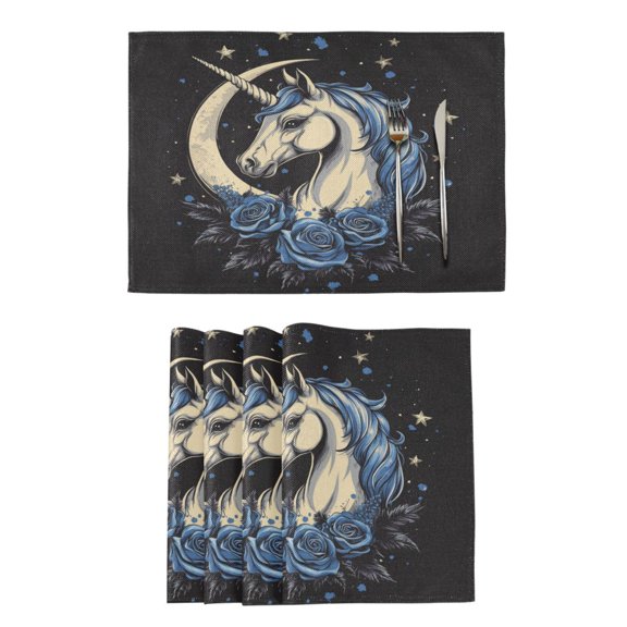 Qxltty Blue Rose Unicorn Pattern Placemats Set of 6 Heat Resistant Non-Slip Place mat for Dining Table Washable Durable Polyester Woven Table Decorations