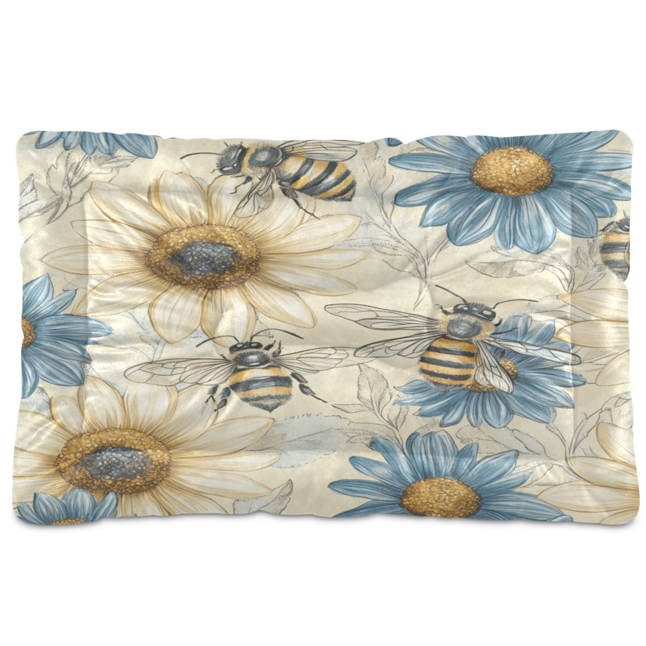 Qxltty Blue White Flower Bee Pattern Ped Pad Wear-resistant and Hard to Bite Through Sleeping Pad for Small Medium Large Dogs Winter Pet Bed 36×24in