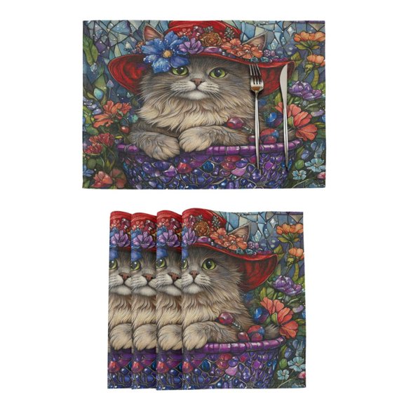 Qxltty Bonneted Kitty Placemats Set of 4 Heat Resistant Non-Slip Place mat for Dining Table Washable Durable Polyester Woven Table Decorations